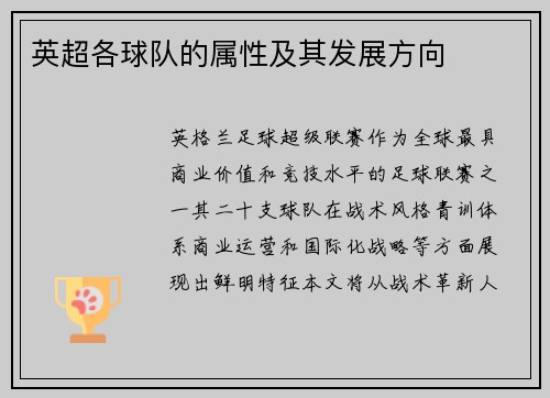 英超各球队的属性及其发展方向