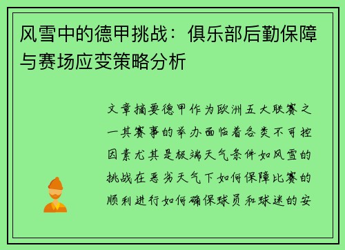 风雪中的德甲挑战：俱乐部后勤保障与赛场应变策略分析